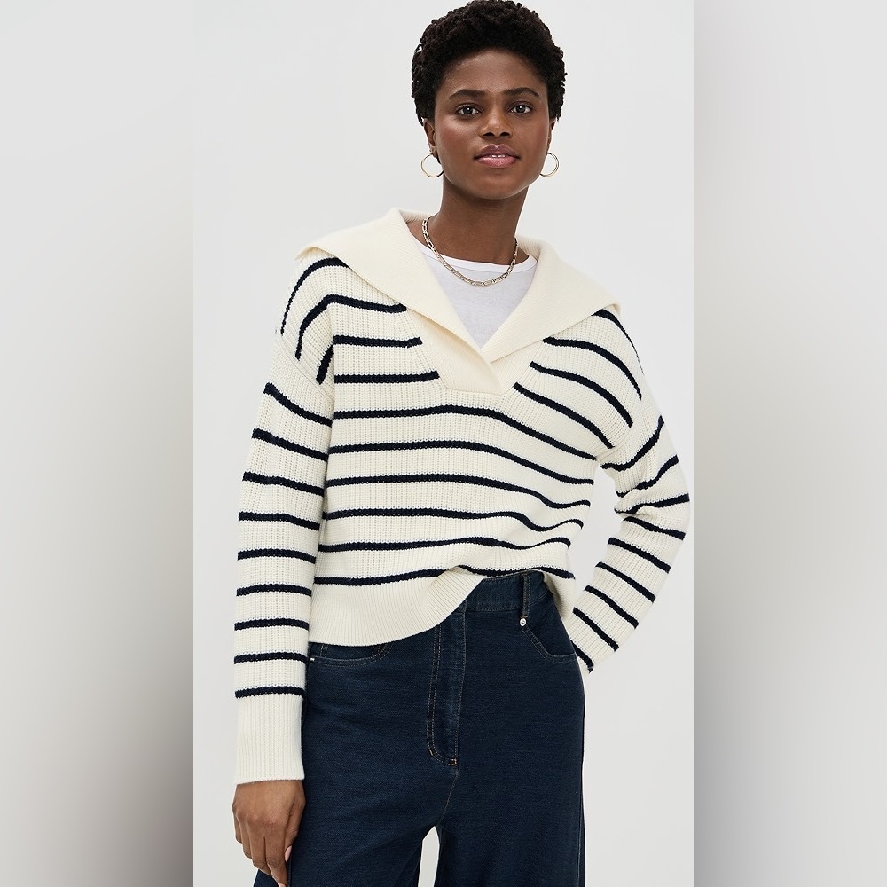 La Ligne Polo Bastien Striped Fold Over Collar‎ Sweater Sz XL Ivory Navy Ribbed